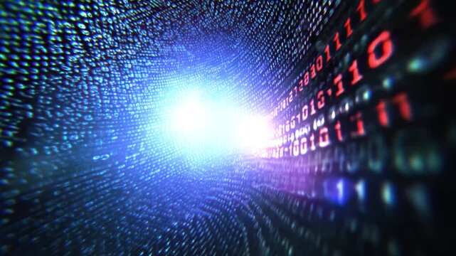 A futuristic digital tunnel pulsates with binary code, leading towards a radiant, bright light, showcasing the dynamic, innovative power of technology and data flow.