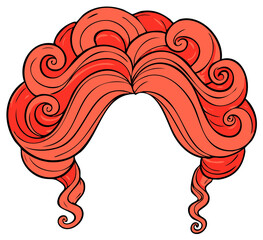 Stylized coral red wig with elaborate curls and waves drawing