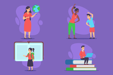 Vibrant collection of various educational activities for children. Globe presentation, workout, reading, and studying. Active learning in engaging environments concept