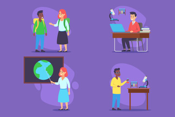 Students participating in various educational activities, including discussions, presentations, and laboratory work. Learning experience concept