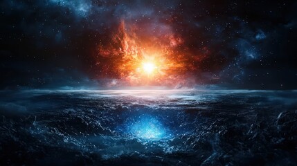 Cosmic dawn over a celestial ocean space digital art starry environment awe-inspiring view the birth of a new universe