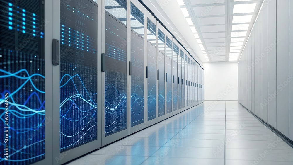 Aufkleber predictive maintenance ai modern data center with server racks and digital displays in a clean, well