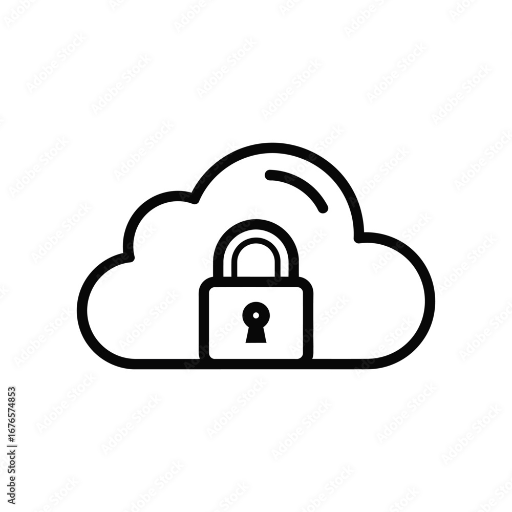 Poster secured cloud storage icon: an elegant, minimalist icon depicting a cloud interwoven with a secure p