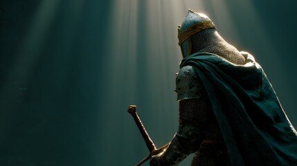 A medieval warrior, clad in gleaming armor and a flowing cloak, stands in a dimly lit space, holding a sword.