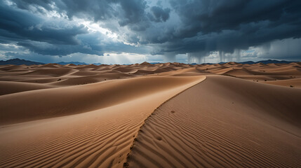 Naklejka premium Majestic dunes under stormy skies, ripples shifting as the desert prepares for the coming winds