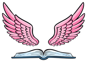 Obraz premium Pink angel wings and open book illustration, reading concept