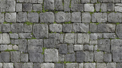 Fototapeta premium Seamless photorealistic gray cobblestone texture with weathered, cracked stones and natural moss, perfect for architectural visualization and construction 3D projects
