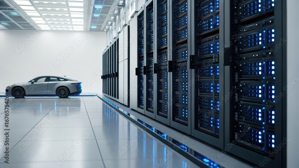 Aufkleber predictive maintenance ai high-tech data center with servers and a modern car in the foreground.