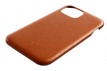 Brown textured leather phone case with silver logo isolated on transparent background