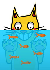 Illustration of a cat looking at fish in a fish tank 
