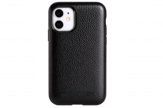 Black leather phone case with dual camera cutout isolated on transparent background