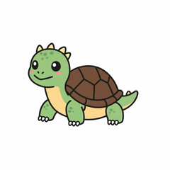 Cute smiling green cartoon turtle dinosaur hybrid with a brown shell and head spikes.