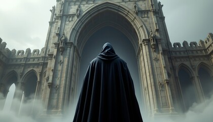 Naklejka premium an imposing figure standing in front of a grand cathedral