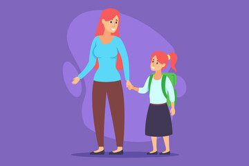 Mother and daughter holding hands while preparing for school. Daughter carrying backpack, while mother looking supportive and encouraging