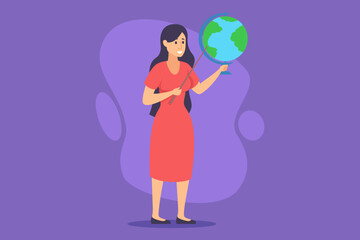 Woman standing proudly, holding globe while wearing red dress. Woman engaged in promoting education and global awareness in inspiring setting