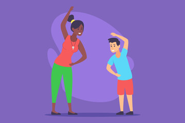Fun exercise session with young boy and adult woman happily stretching together in vibrant setting. Fitness and physical health concept