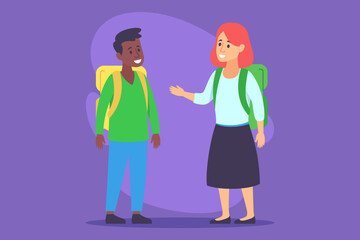 Two students with backpacks talking to each other. Boy wearing green shirt, while girl wearing skirt