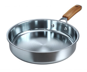 Shiny stainless steel frying pan with wooden handle isolated on transparent background
