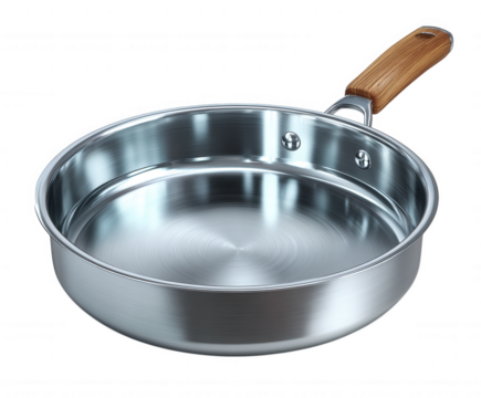 Shiny stainless steel frying pan with wooden handle isolated on transparent background - Powered by Adobe