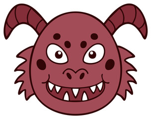 Obraz premium Cartoon Illustration of Funny Purple Monster Face with Horns and Sharp Teeth