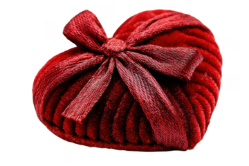 Luxurious red velvet heart shaped gift box with ribbon isolated on transparent background