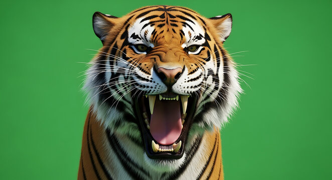 Close-up of a roaring tiger on a green screen background.