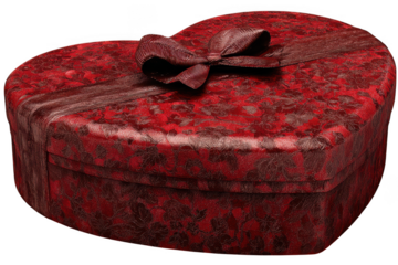 Elegant red heart shaped gift box with textured floral pattern and bow isolated on transparent background