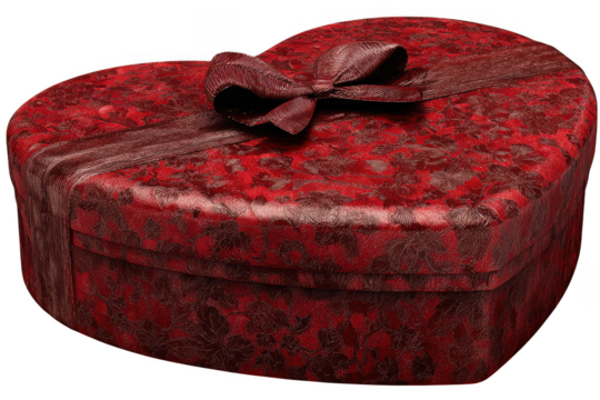 Elegant red heart shaped gift box with textured floral pattern and bow isolated on transparent background