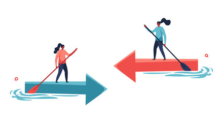 Fototapeta premium Two women paddling in opposite directions offer a dynamic visual for teamwork and strategy concepts