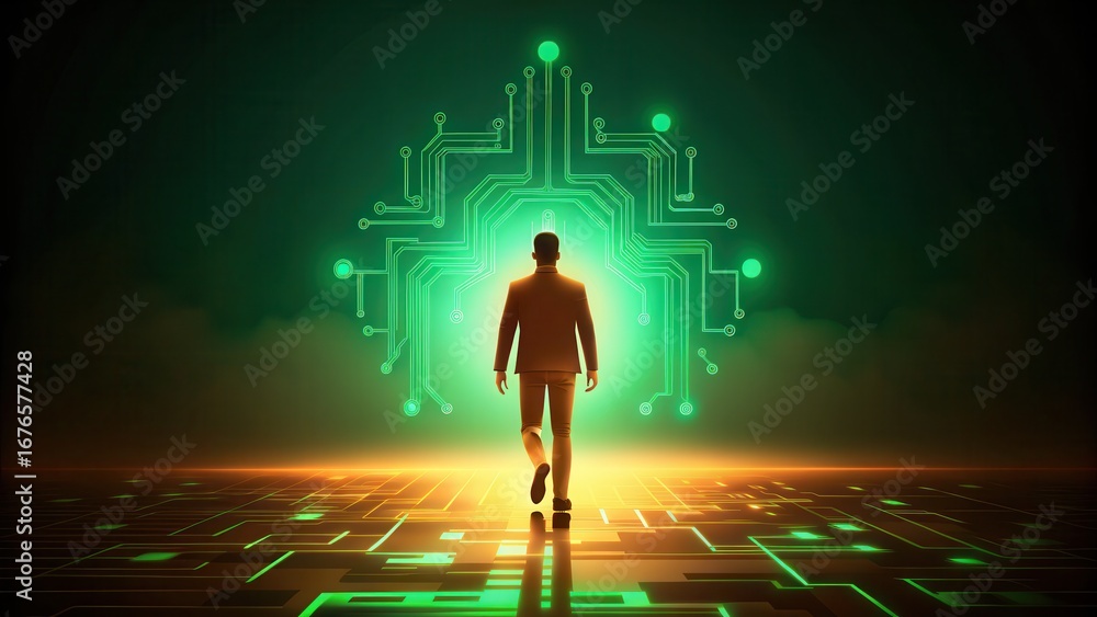 Aufkleber reinforcement learning a silhouette walks towards a glowing circuit tree, symbolizing technology and