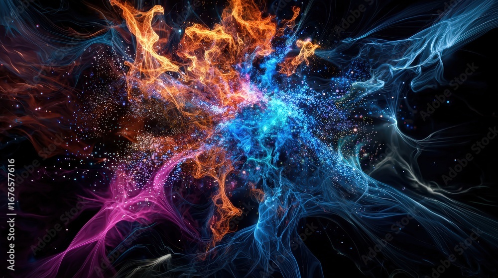 Poster dynamic cosmic explosion abstract universe digital art vibrant colors cosmic environment conceptual 