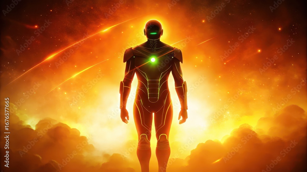 Poster reinforcement learning futuristic robot stands against a vibrant cosmic backdrop with glowing elemen