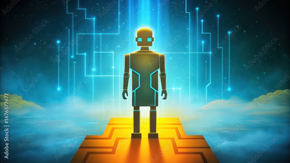 Aufkleber reinforcement learning futuristic robot standing on a glowing path in a digital landscape.