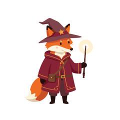 An adorable cartoon fox wizard in a maroon robe and pointed hat holding a glowing magic wand.