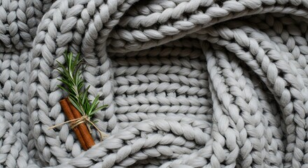Close up of a chunky knit gray blanket with cinnamon sticks and rosemary tied with twine on top of it