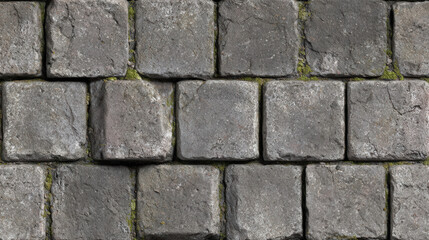 Obraz premium Seamless photorealistic gray cobblestone texture with weathered, cracked stones and natural moss, perfect for architectural visualization and construction 3D projects