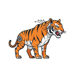 Fototapeta premium Fierce cyborg tiger with glowing eyes roaring with visible circuitry and mechanical parts.