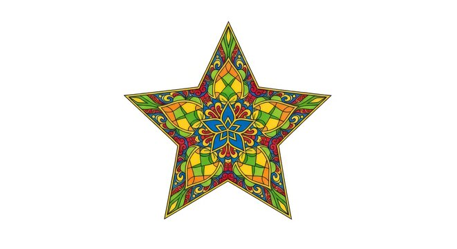 A vibrantly colored, ornate star design displays intricate patterns and a mix of warm and cool hues.