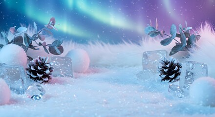 Winter scene with aurora borealis, pine cones, ice cubes, snowballs and eucalyptus branches on fur