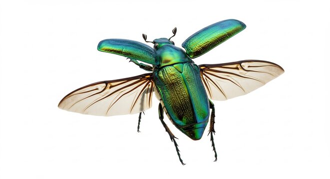 輝く緑色甲虫 羽根広げ飛行 精密撮影 This translates roughly to: "Shining green beetle spreads wings in flight; precise photography." It stays within the character limit and uses descriptive adjectives and verbs.