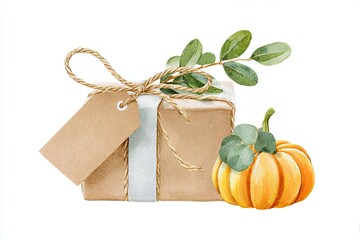 Festive Halloween Watercolor Flat Lay with Kraft Gift Tag and Olive Sprig for DIY Packaging Tutorials on White Background