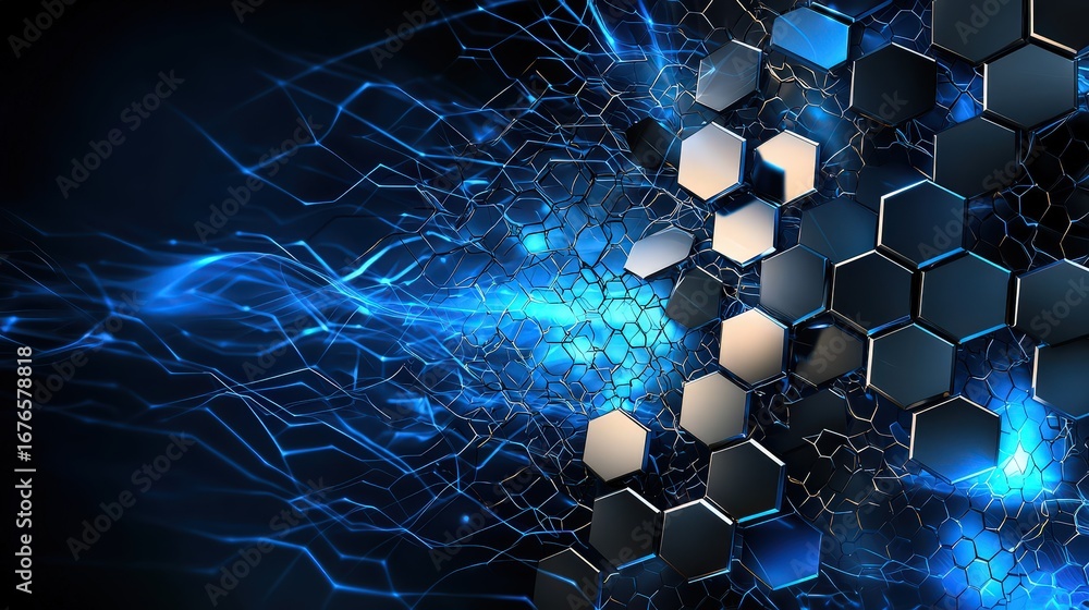 Poster dynamic hexagonal patterns in a futuristic digital landscape virtual space abstract art high-tech en