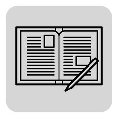 Detailed line drawing of open school notebook with blank pages and pencil resting on top. Educational concept