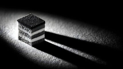 A single, cubed confection, sharply defined by dramatic lighting, casts strong shadows across a textured surface.