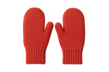 Pair of knitted red mittens isolated on transparent background