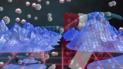 Animation of digital mountains over falling covid 19 cells - Powered by Adobe