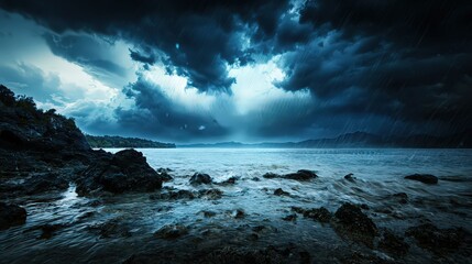 Obraz premium Stormy ocean waves clash against rocky shoreline nature photography dramatic skies peaceful coastal environment
