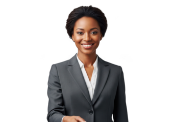 Stock photo of confident african american businesswoman in suit smiling portrait photography, headshot, isolated on transparent background