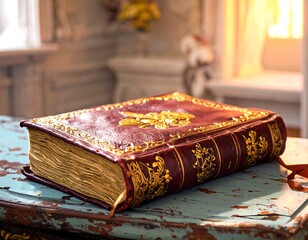 Antique leather-bound book on a weathered table in a sunlit room