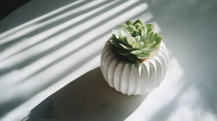 A charming succulent plant sits in a decorative, white ceramic pot, casting soft shadows on a light-colored surface.